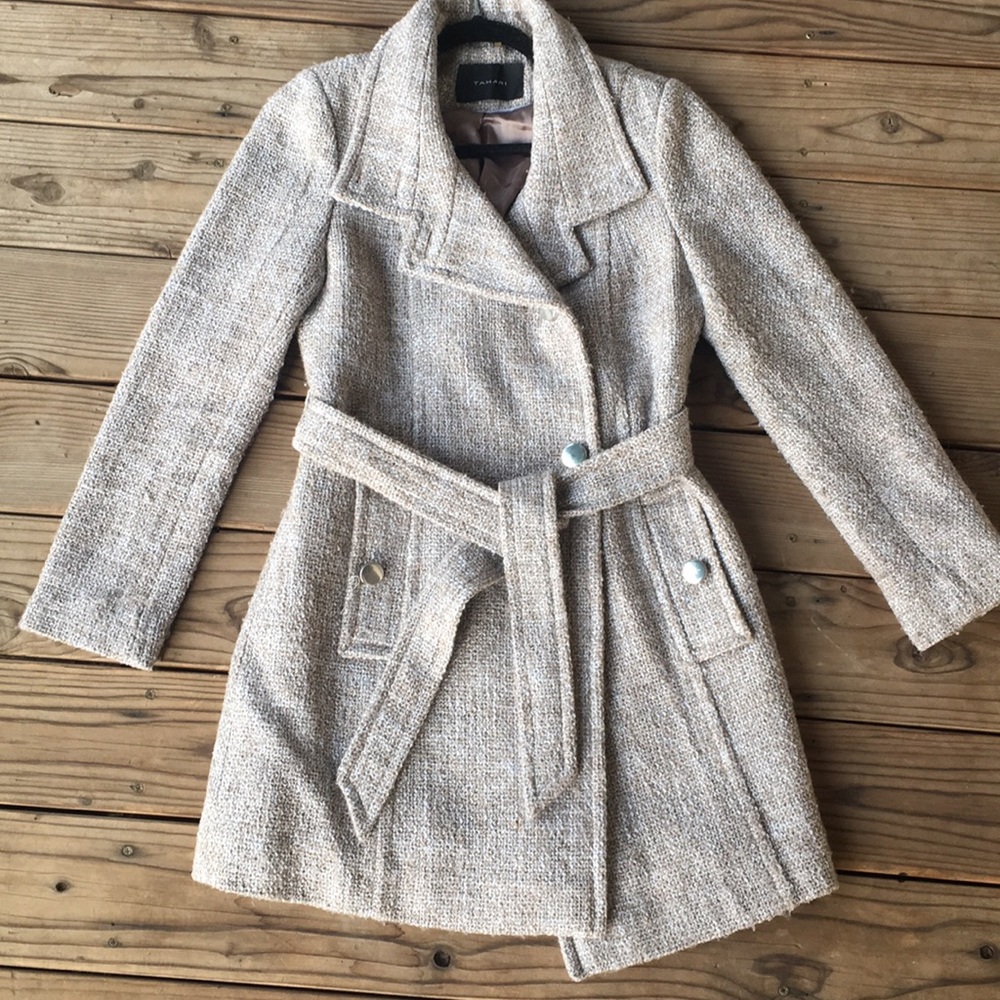 TAHARI Gray Long Tweed Pea Coat Size 8